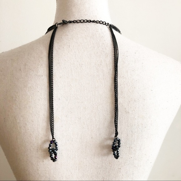 Navy Blue Jewel Beaded Double Layered Necklace with Gun Metal Chain - Picture 3 of 12